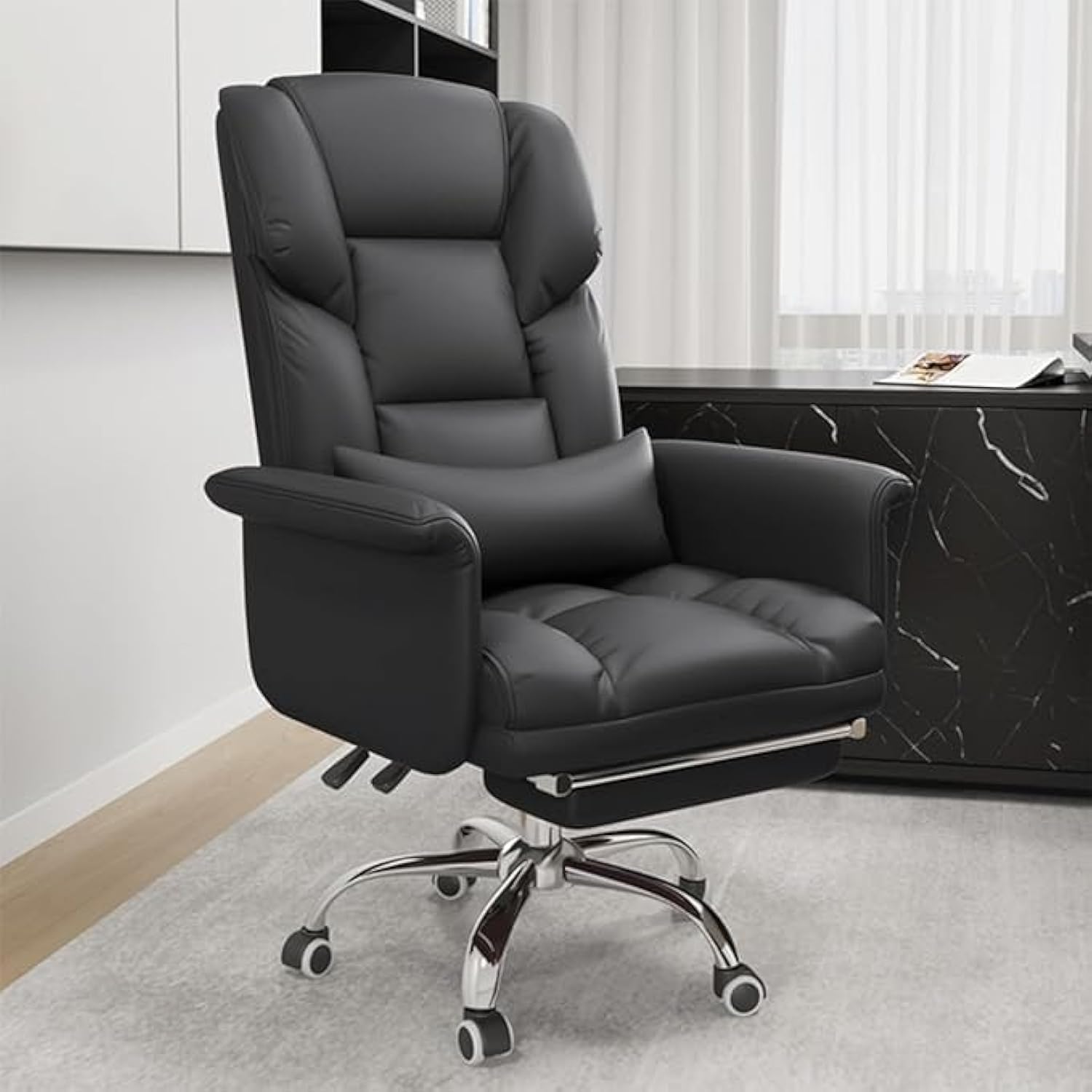 ALMEKAQUZ Ergonomic Office Chair, Big and Tall Executive Home Office Desk Chair, 360° Swivel Latex Cushion, Shiny Leather Swivel Computer Chair with High Back, Wheels, Lumbar Support, Footrest