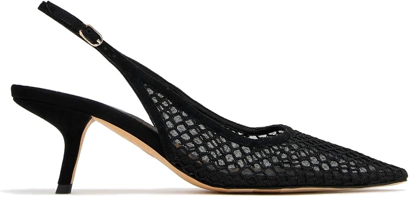 Womens Slingback Kitten Low Heels Mesh Pumps Closed Pointed Toe Dress Lace Shoes