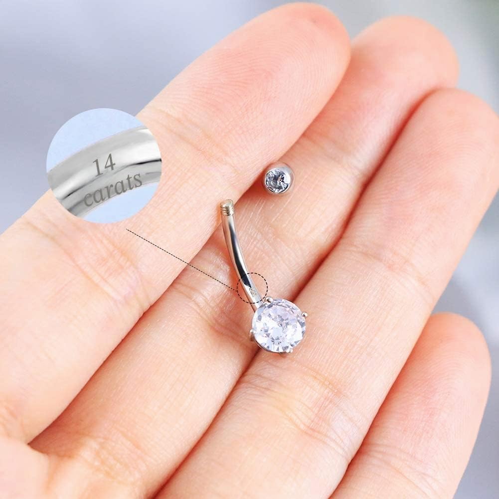OUFER Piercing Nombril Or 14K Carats avec Zircone Cubique ou Opale en Forme de Cœur Anneau Nombril Piercing Ventre Bijoux de Piercing Corps Femme 14G