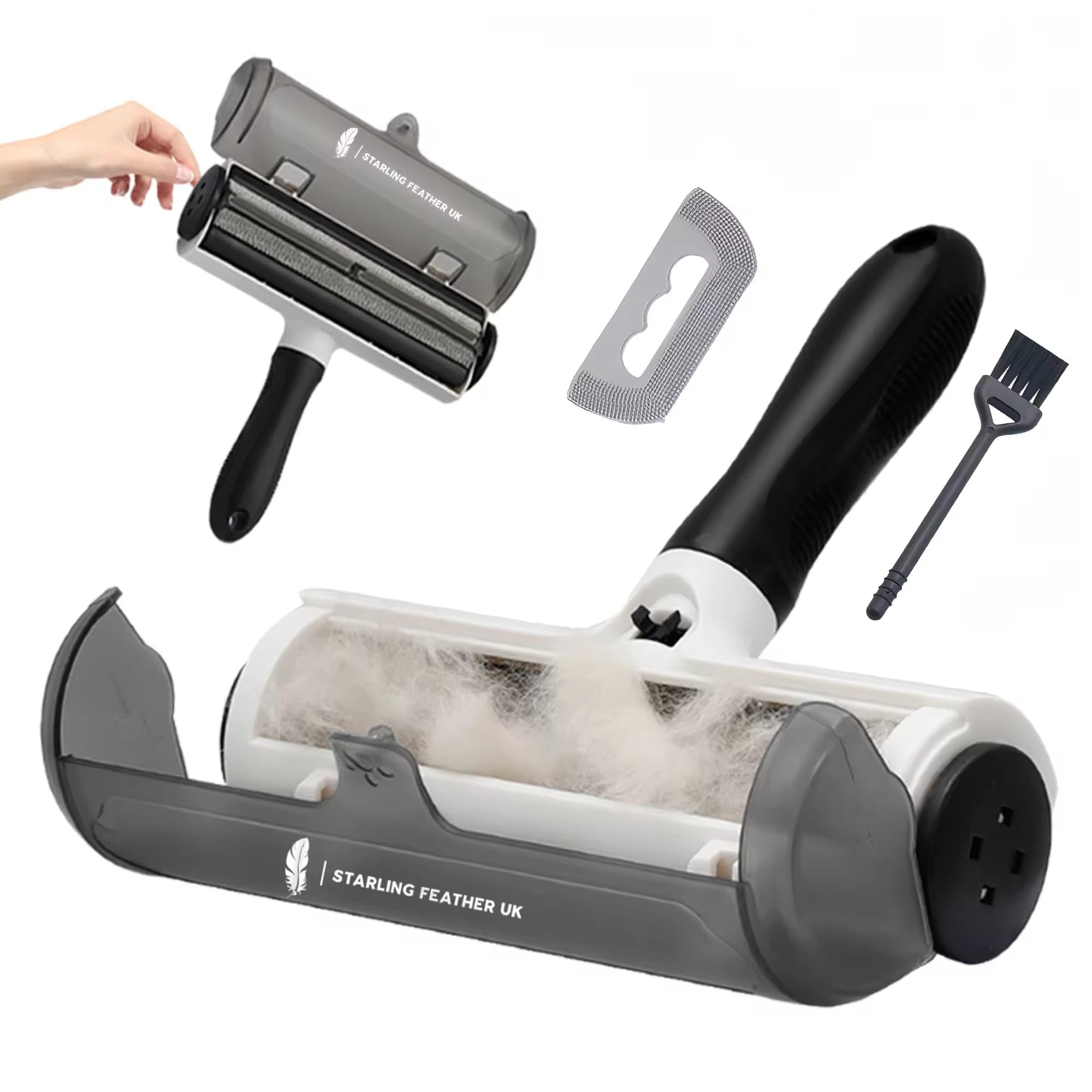 Starling Feather 3-Piece Pet Hair Remover Set - Reusable Electrostatic Roller with Corner Cleaning Lid & Maintenance Brush - Dog and Cat Fur Cleaner for Furniture, Sofa, Carpet, Bedding