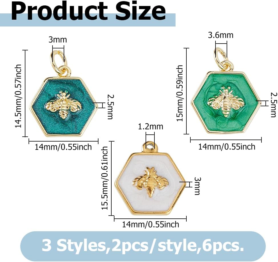 6Pcs Brass Enamel Charm 3 Styles Enamel Colorful Bee Charms with Jump Ring 18K Gold Plated Hexagon Animal Charms for Necklace Earrings Bracelets Jewelry Making DIY Crafts - Image 2