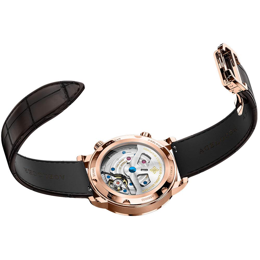 agelocer Orologio da uomo con quadrante con diamanti originali e quadrante blu, con calendario meccanico, alla moda