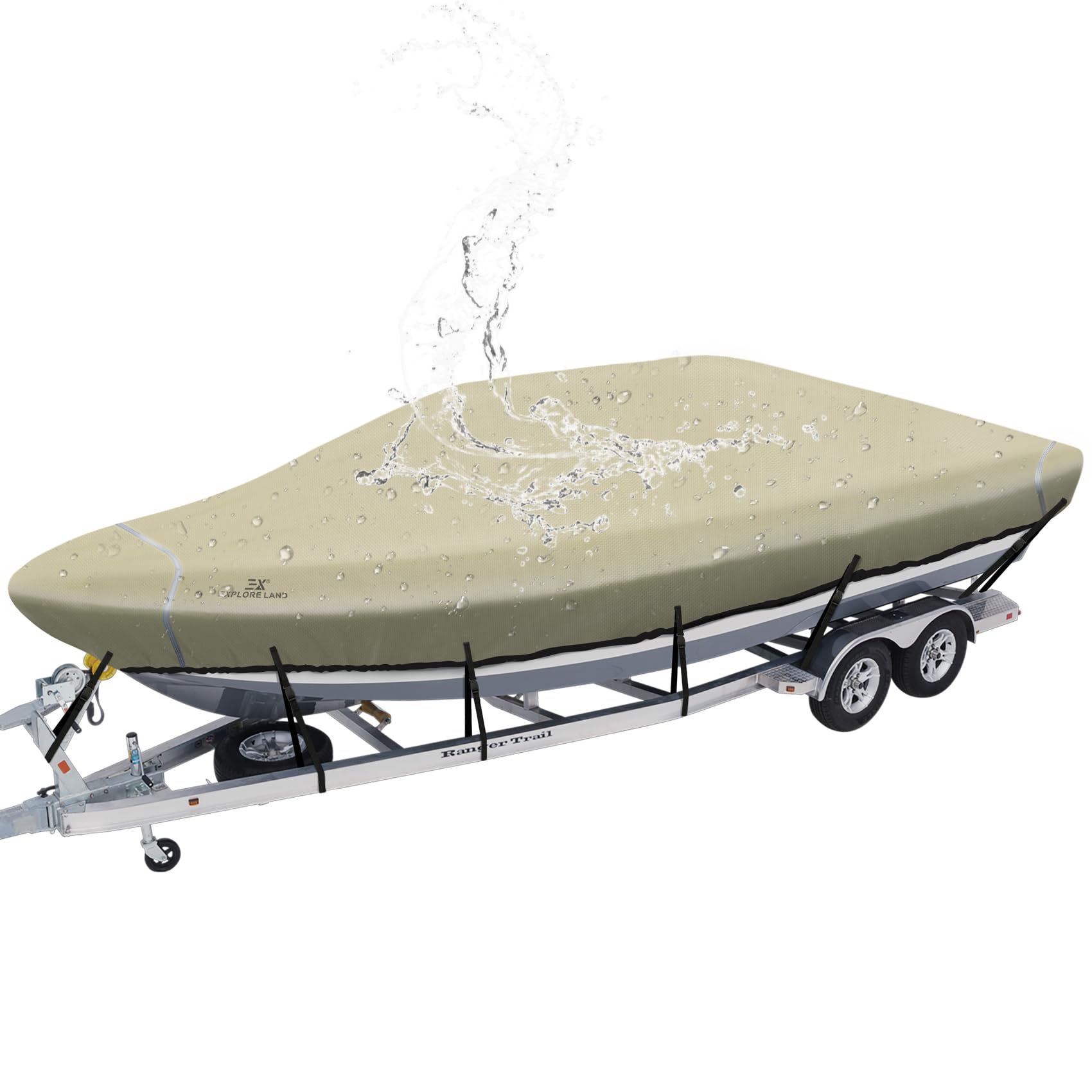 Explore Land Waterproof 900D Boat Cover, 17'-19' Long 102" Beam Width, Tan — image 1