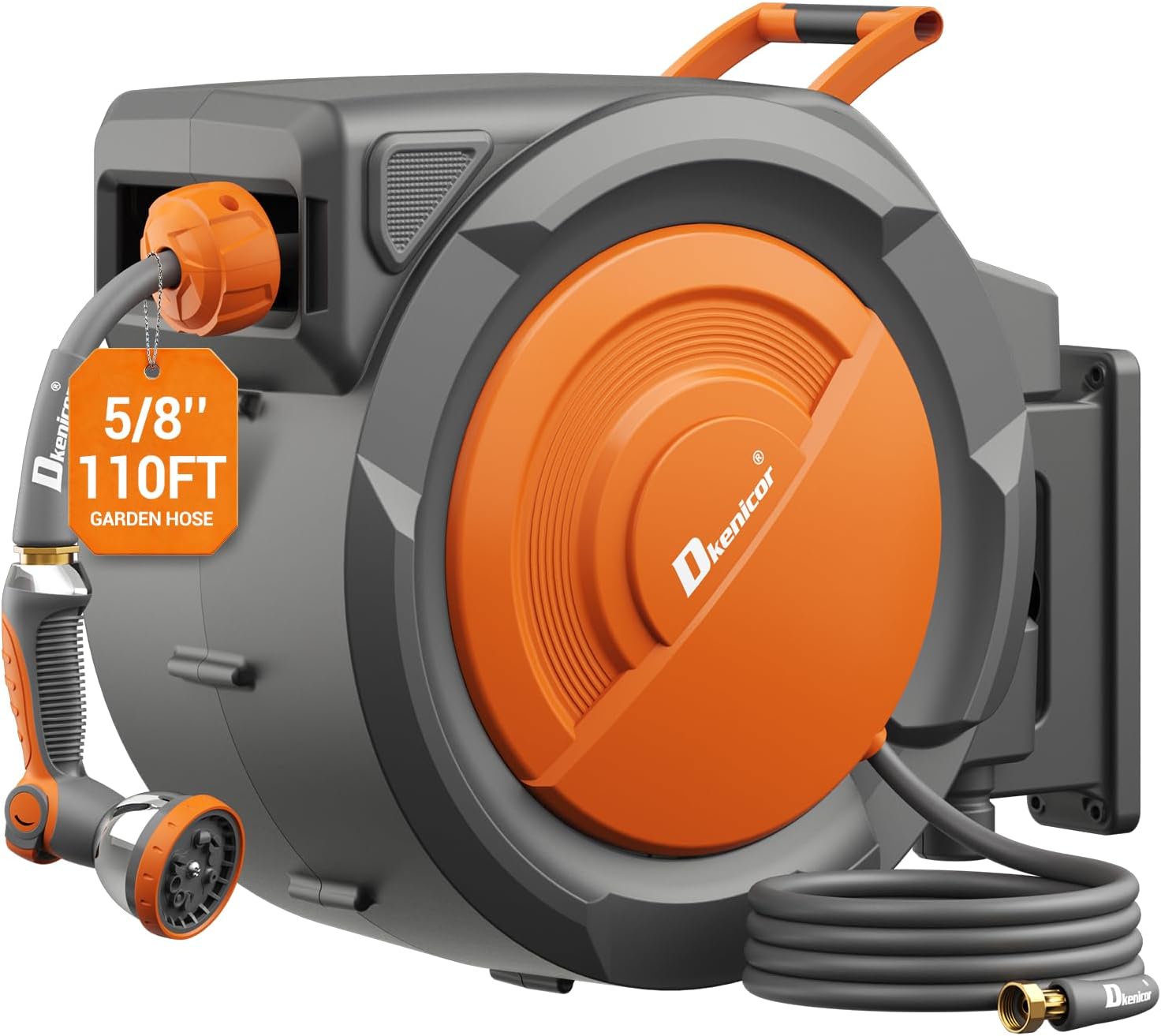 5/8" × 110 ft Retractable Hose Reel, Heavy Duty Retractable Garden Hose Reel Wall Mounted with 10-Pattern Hose Nozzle/Any Length Lock/Slow Return System/180°Swivel Bracket, Orange