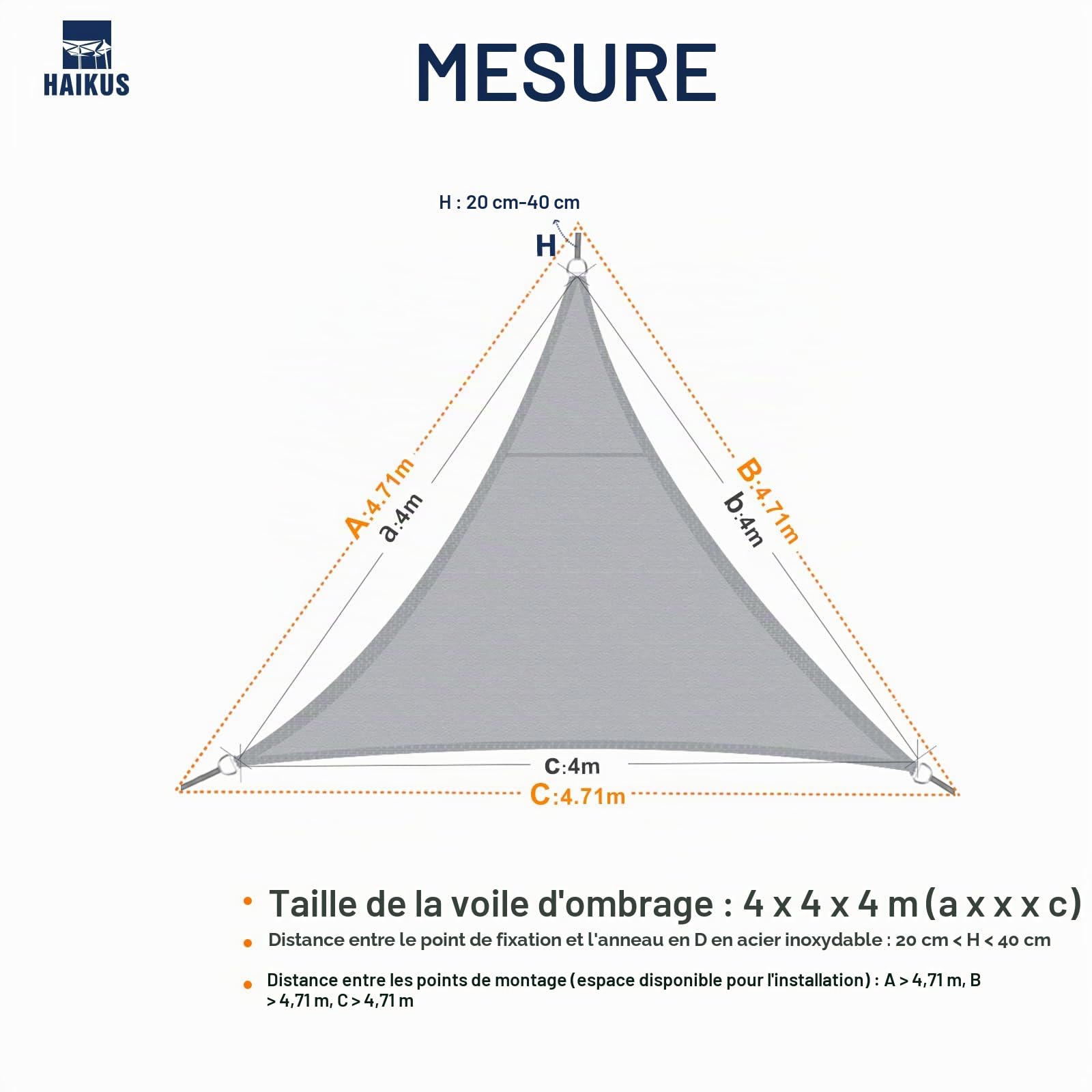 HAIKUS Voile d'ombrage Imperméable Triangulaire 4x4x4m, Toile Ombrage PES Résistant à l'eau, Filet dombrage Triangle 4m Résistant 98% Protection Rayons UV pour Patio Jardin Extérieur, Sable 4x4x4
