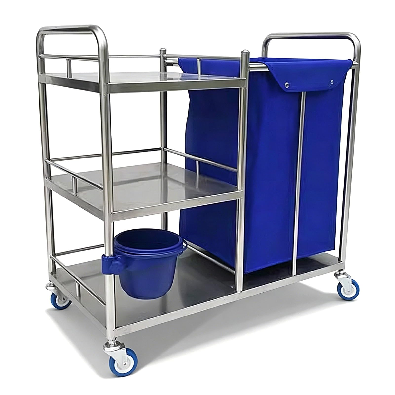 Gewerblicher Wäschewagen mit Rollen Aus Edelstahl 3-Stufiger Wäschesortierer mit Rädern Großer Wäschekorb mit Wasserdichtem Wäschesack für Hotels Restaurants Schulen(90x45x86cm)