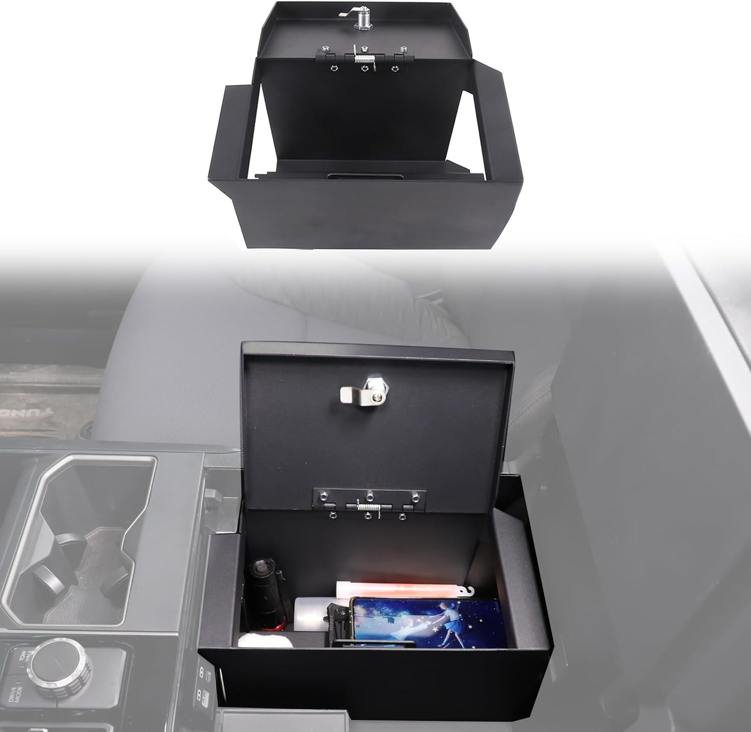 Car Center Console Safe Box Compatible with Toyot@ Tundra 2022-2025，Center Console Armrest Safe Lock Box Armrest Gun Security Organizer Tray with 3-Position Combination Lock and Key (black)