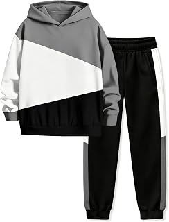 Boys Clothes 2 PCS Fall Winter Outfits Long Sleeve Color Block Hoodie Sweatshirt and Pants Clothes for Boys 6-16Y