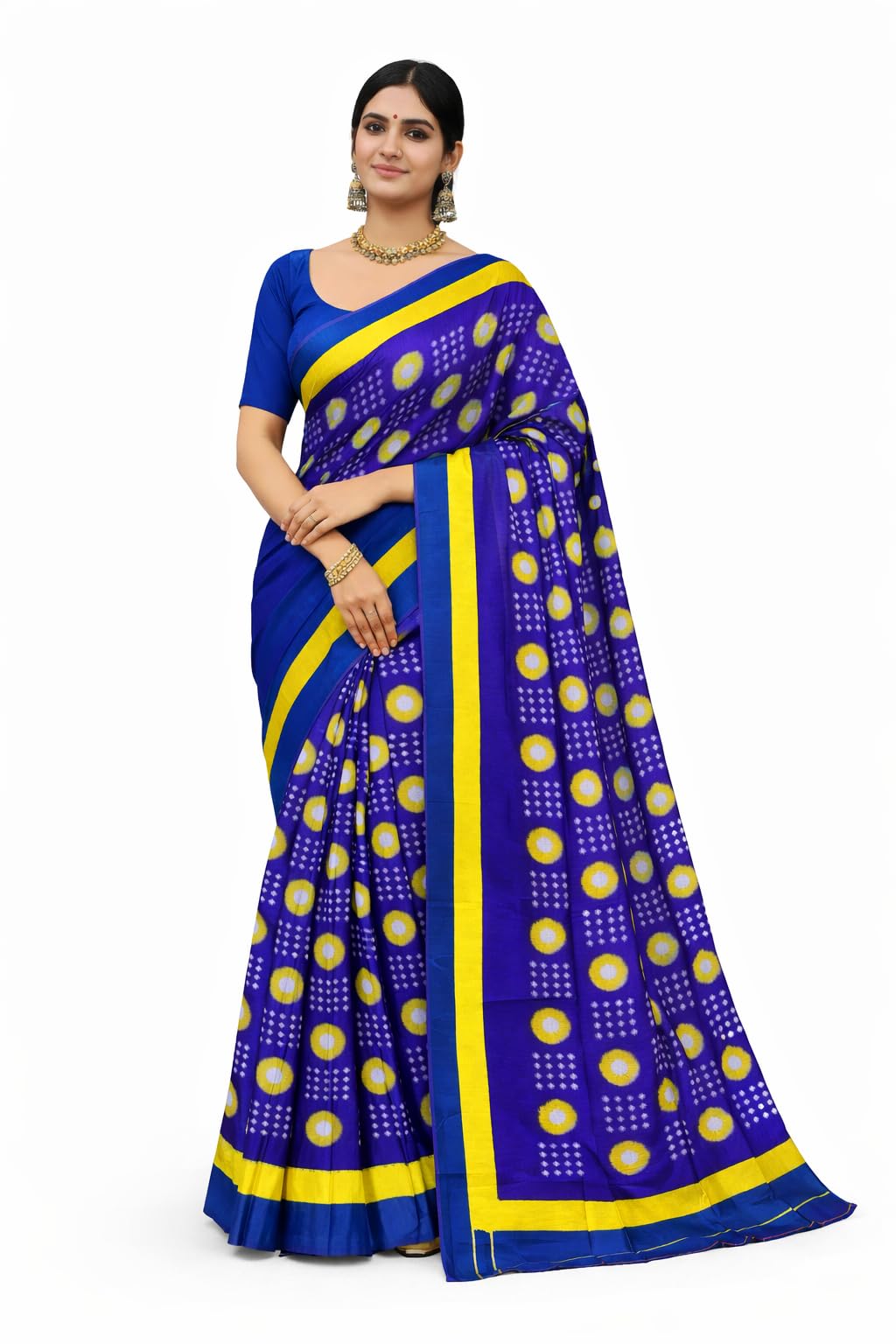Mul Mul Cotton Saree with Blouse Piece, Purple and Yellow Traditional Print, Lightweight Breathable Fabric, Contrast Black Border-image-39