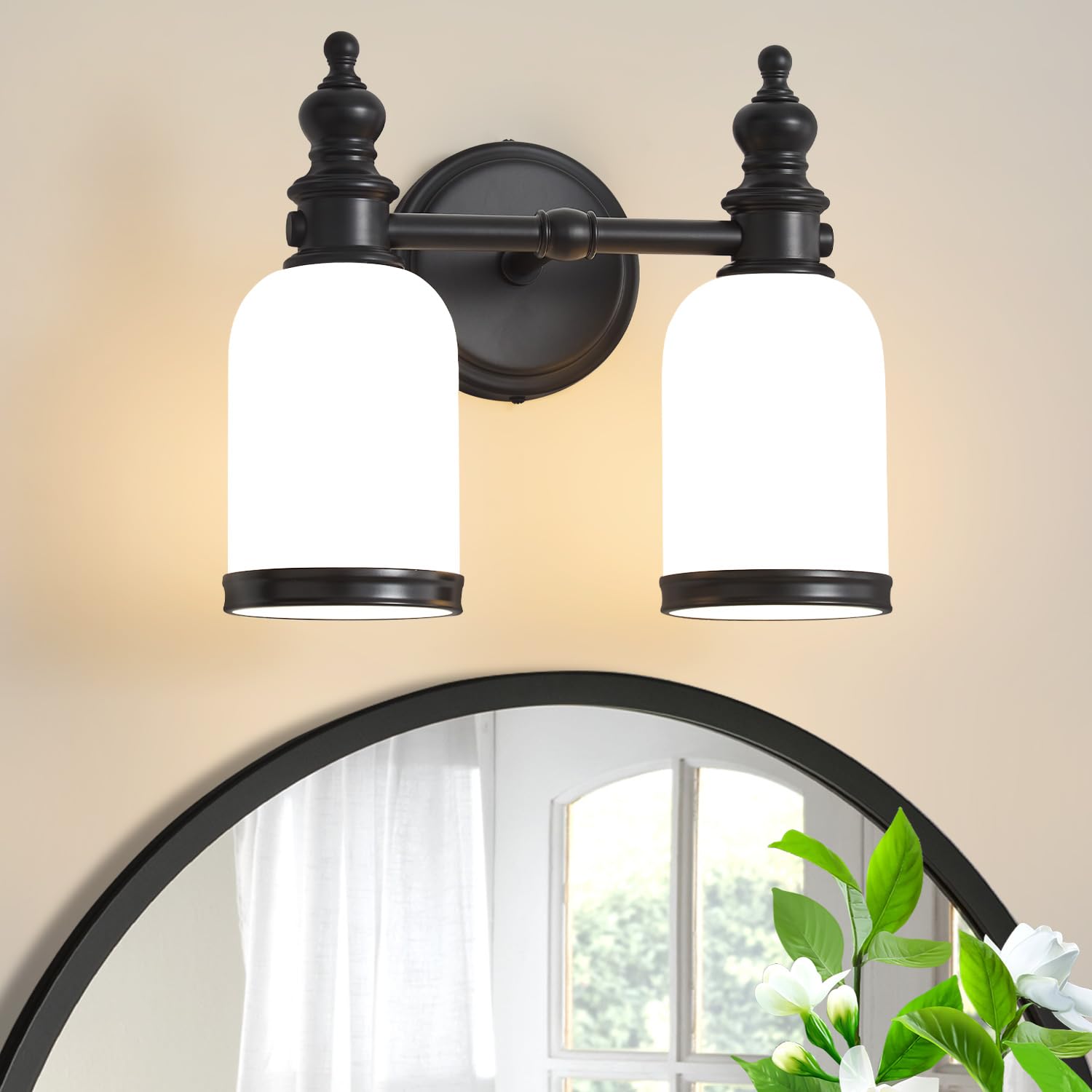 Bathroom Vanity Light Fixtures 2-Lights Black Vanity Light Over Mirror with Milk Glass Shade Wall Sconces Lighting & Mid Century 12 inch Vanity Lights for Bathroom