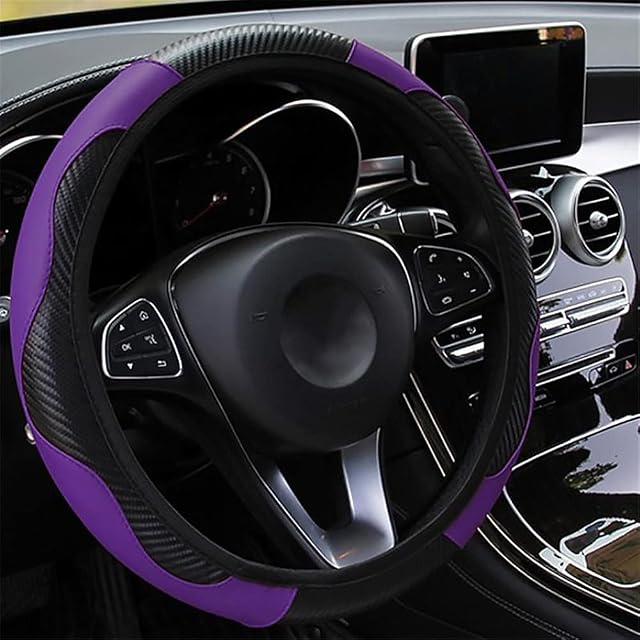 LMYDIDO Car Steering Wheel Cover Leather, Anti-slip Breathable Carbon Fiber Sports Elastic Band Without Inner Ring Steering Wheel Cover Universal Size 37-39cm /14.5-15inch (Purple)