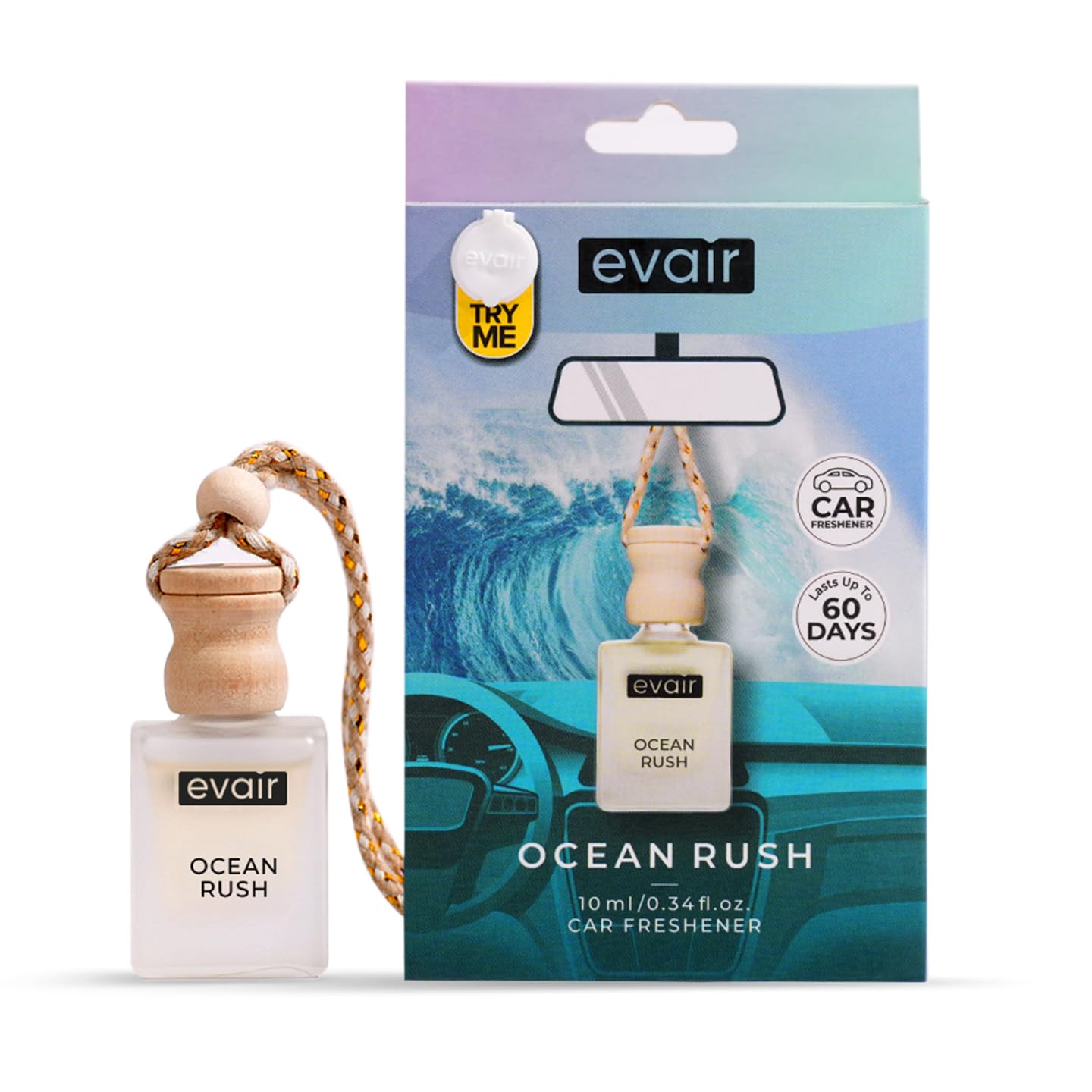Evair OCEAN RUSH Luxury Car Air Freshener | Cool Aqua Essential Oil Hanging Car Perfume | Long Lasting Car Fragrance Diffuser | Premium Glass Bottle Wooden Diffuser Hanging Pod | 10ml (Pack of 1)