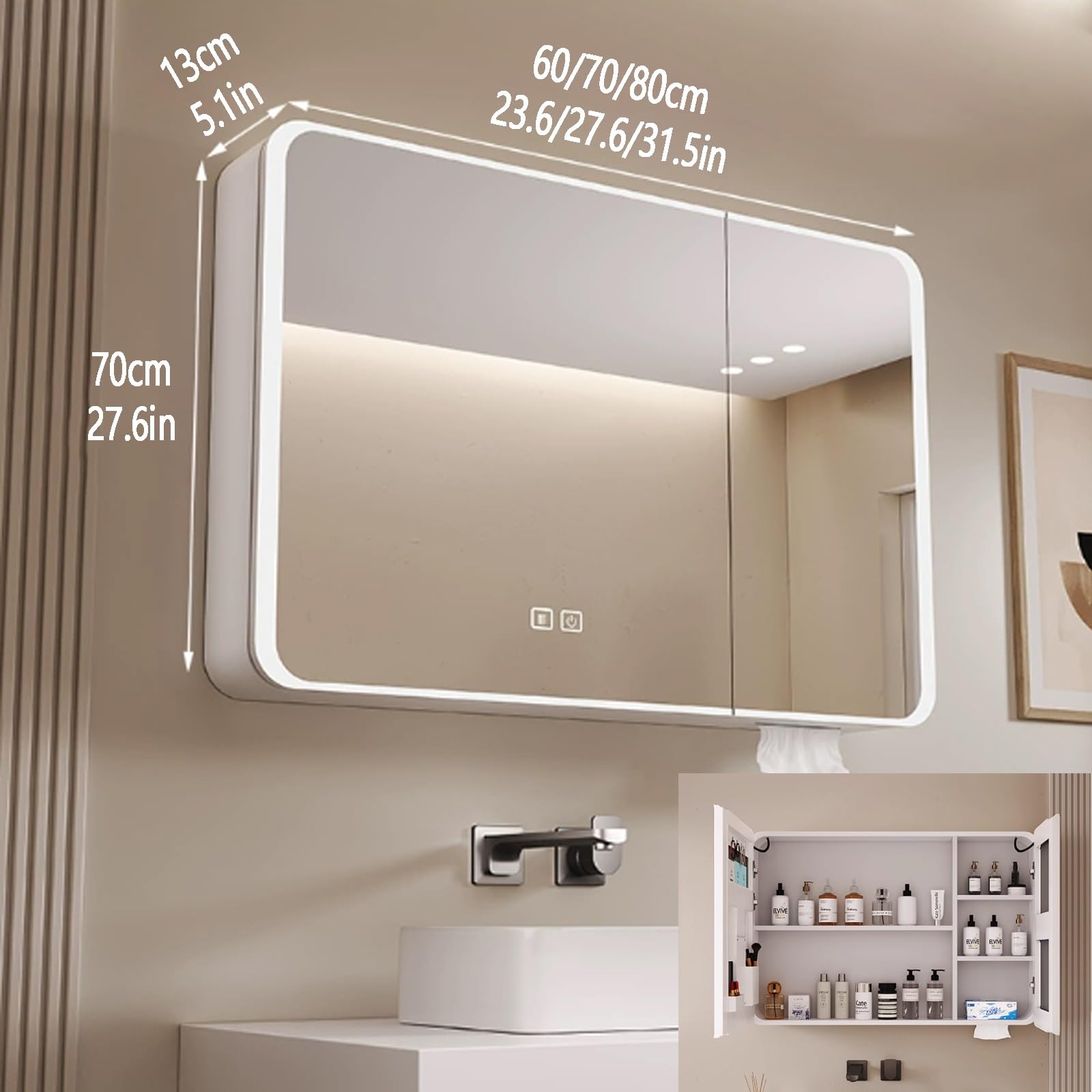 Armadietto da bagno con specchiera e luce,specchio bagno contenitore con Anti-Appannamento,Alluminio Armadietto Bagno di Stoccaggio Specchio,Specchio bagno contenitore,Buco di carta,Espositore di bell