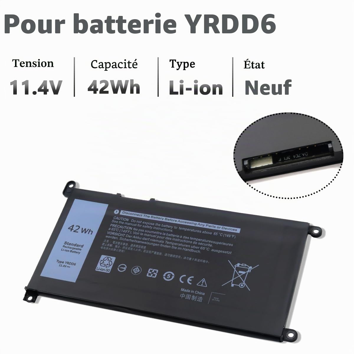 42Wh YRDD6 1VX1H Batterie pour Dell Inspiron 3583 3593 3501 5584 5593 3793 5482 5485 3582 3584 5582 5594 5598 5585 5590 3493 5493 5481 5493 7586 5491 2-in-1 Vostro 5490 5590 3491 Latitude 3310
