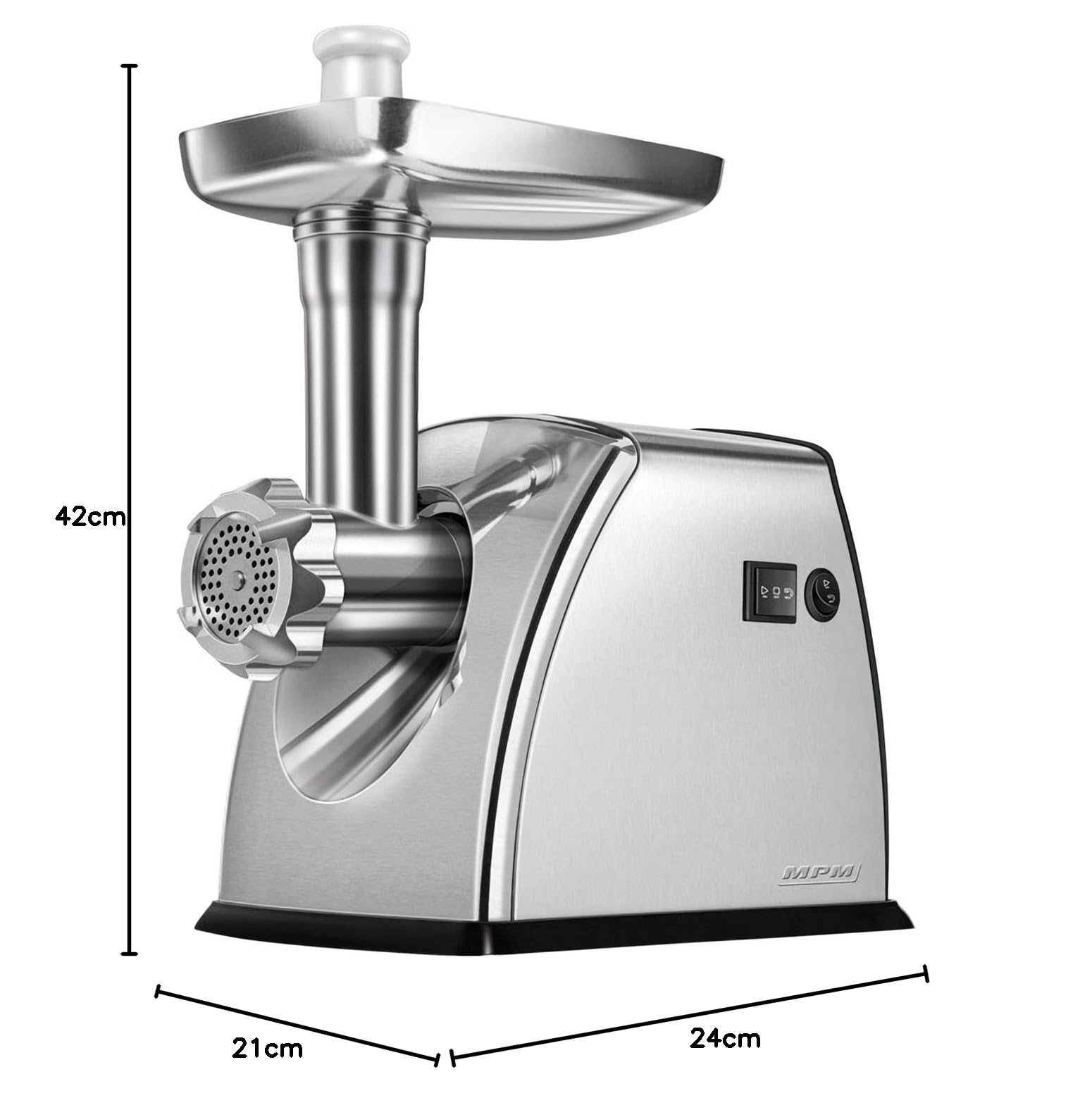 MPM MMM-07M Picadora de Carne eléctrica de Acero Inoxidable, con embutidora de Salchichas, 3 Discos de Corte, Engranaje metálico, función inversa, Accesorios, 1800 W