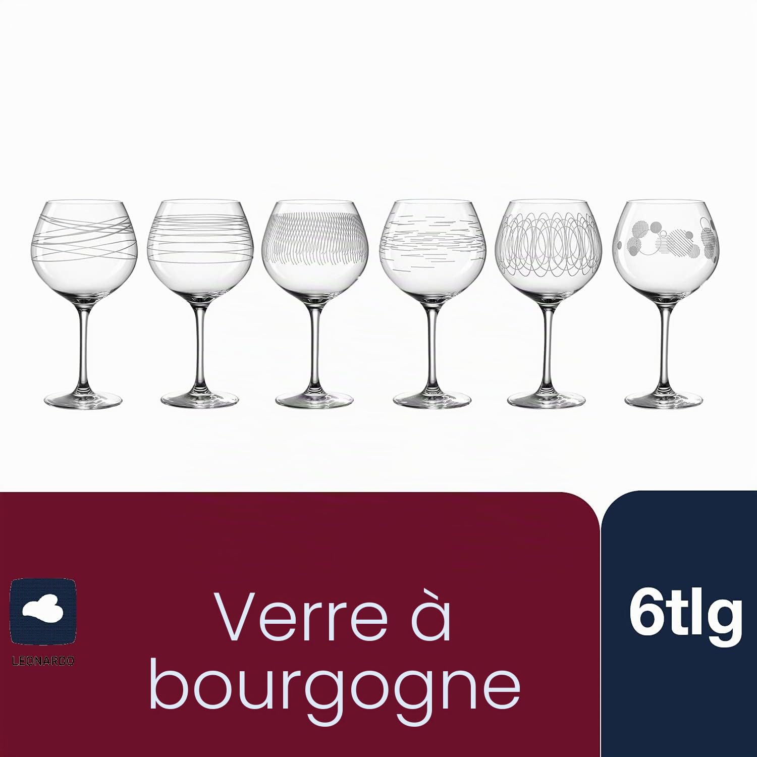 Leonardo Casella 061800 Lot de 6 verres à vin rouge, calices à bourgogne avec motifs, passent au lave-vaisselle, résistant aux chocs, 630 ml
