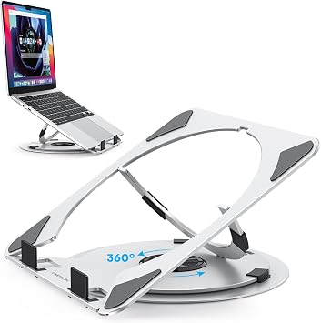 OMOTON Portable Laptop Stand for Desk, Ergonomic Computer Stand with 360 Rotating Base, 5-Level Adjustable Aluminum Foldable Mount, Compatible for 10-15.6" Laptops