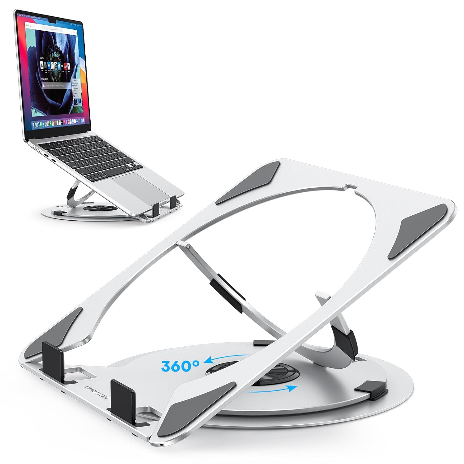OMOTON Portable Laptop Stand for Desk Ergonomic Computer Stand with 360 Rotating Base 5-Level Adjustable Aluminum Foldable Mount