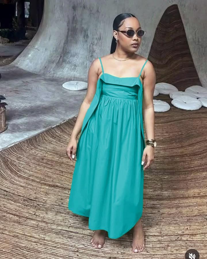 Image of YUEWOO Midi Dresses for Women Casual Summer Sundresses Vacation Outfits Spaghetti Strap Smocked Women Maxi Dress with Pockets