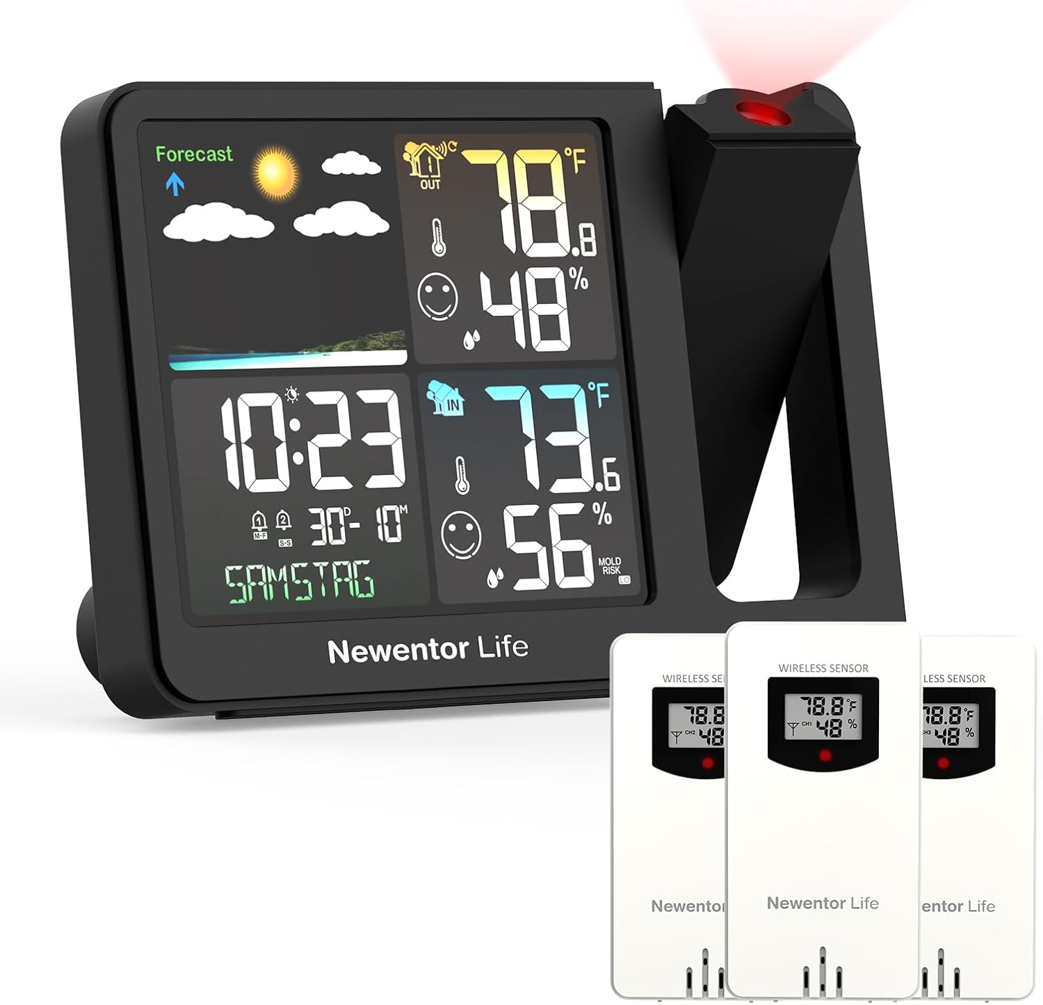 Newentor Projection Alarm Clock, Projection Clock for Bedroom Ceiling, Weather Station Thermometer with Projector Indoor Outdoor TEM&Hum, Forecast, Adjustable Backlight, Black, No Atomic,3Sensor