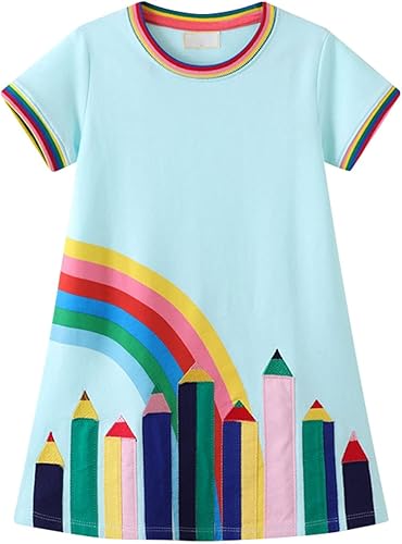 Likthione Vestido de manga corta para niñas y niños pequeños, con apliques de dibujos animados, estampado acampanado, vestido de algodón