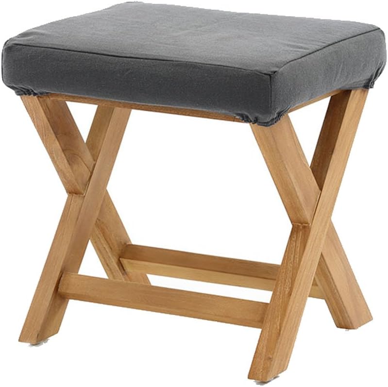 Sunflower Rattan C481XPM X Shaped Leg Stool, Dark Gray, Width 16.5 x Depth 14.2 x Height 17.7 inches (42 x 36 x 45 cm), Solid Teak Wood, Linen Fabric