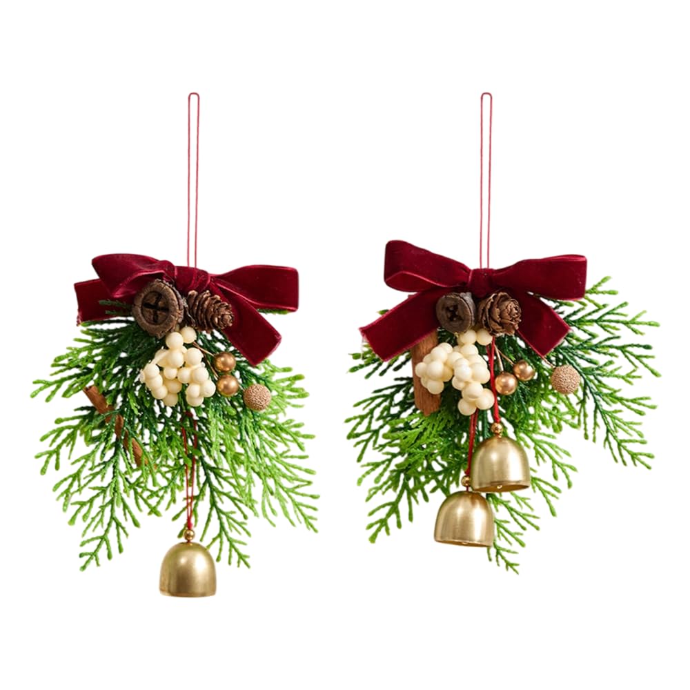 Bow Christmas Jingle Bells Hanger Decorations,2 Pcs Red Christmas Bow with Bells and Cones & Pine Branches for Xmas Party Decoration