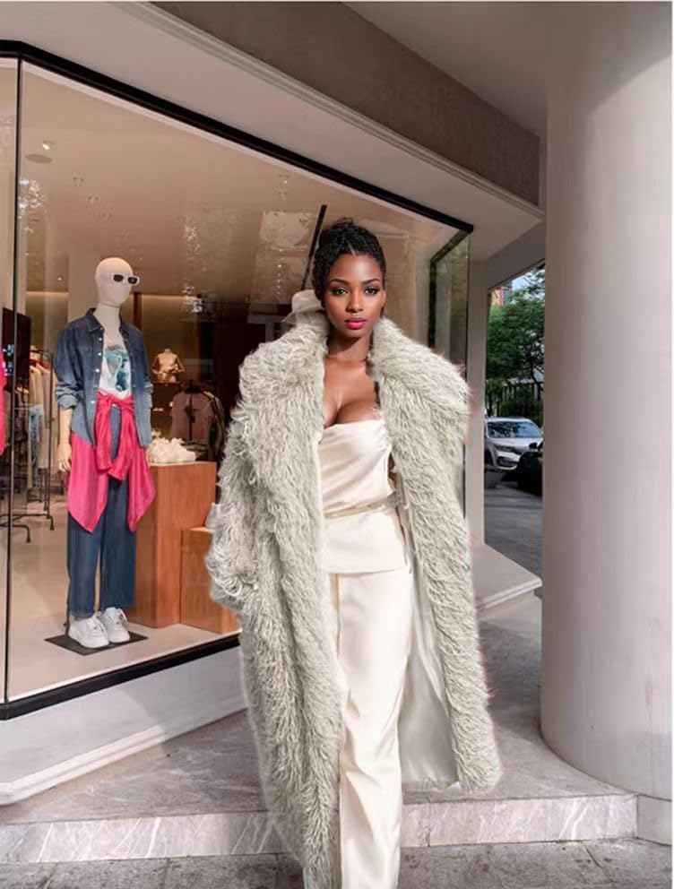 Shaggy Fluffy Faux Fur Coat Beige Color Sweater, Long Sleeve Full Length Jacket, Women's Fashion Outwear - Image 6