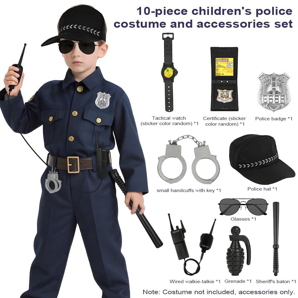10-częściowy strój policjanta dla dzieci, akcesoria do kostiumu policyjnego zabawki policyjne dla dzieci do odgrywania ról, na Halloween i festiwal cosplay