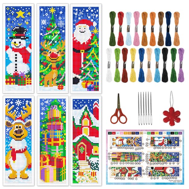 INFUNLY 6pcs/Set Christmas Cross Stitch Bookmarks Kit Santa Claus DIY Stamped Embroidery Bookmark Xmas Tree Snowman Handmade Cross Stitch Bookmark with Backing Felt Floss Instruction for Book Lover