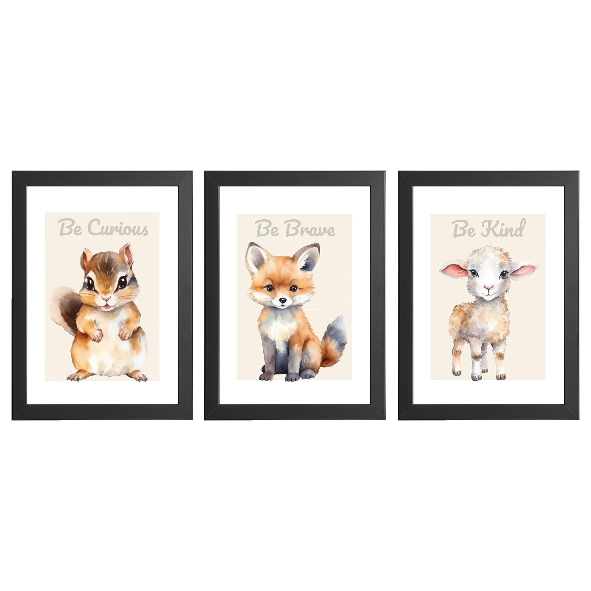 English Animals Watercolour Nursery Prints For Baby Girl Or Boy - Set of 3 - Sheep, Squirrel & Fox - Nursery Decor Wall Art Gift Present - Be Curious, Be Brave, Be Kind - A5, A4, A3 with Frame Options