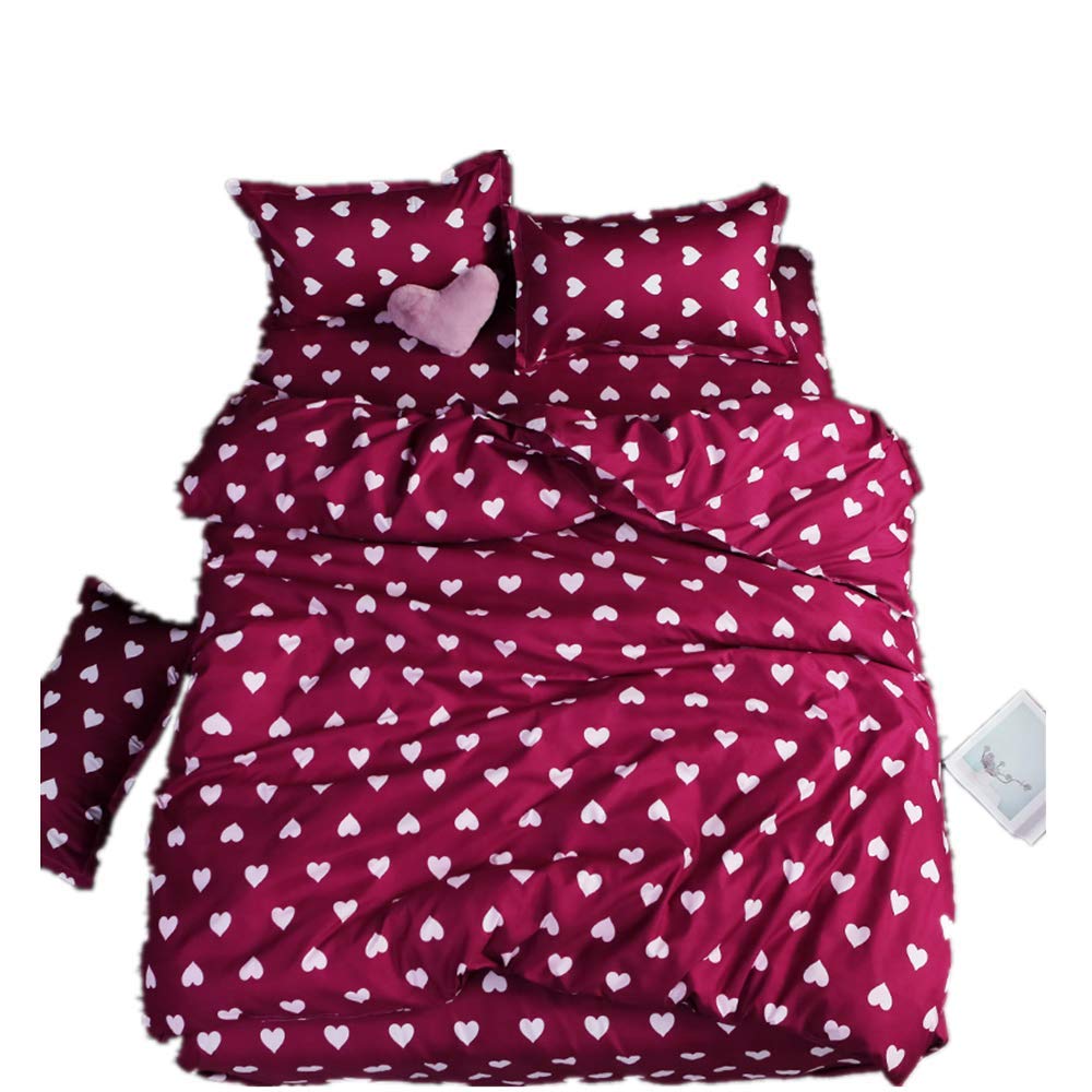 Home Bedding 4 Pcs Flat Sheet Set Red Heart Bed Linen Set Sheet Pillowcase Duvet Cover Set Cute Bedclothes Leaf Cover Red 200x230cm