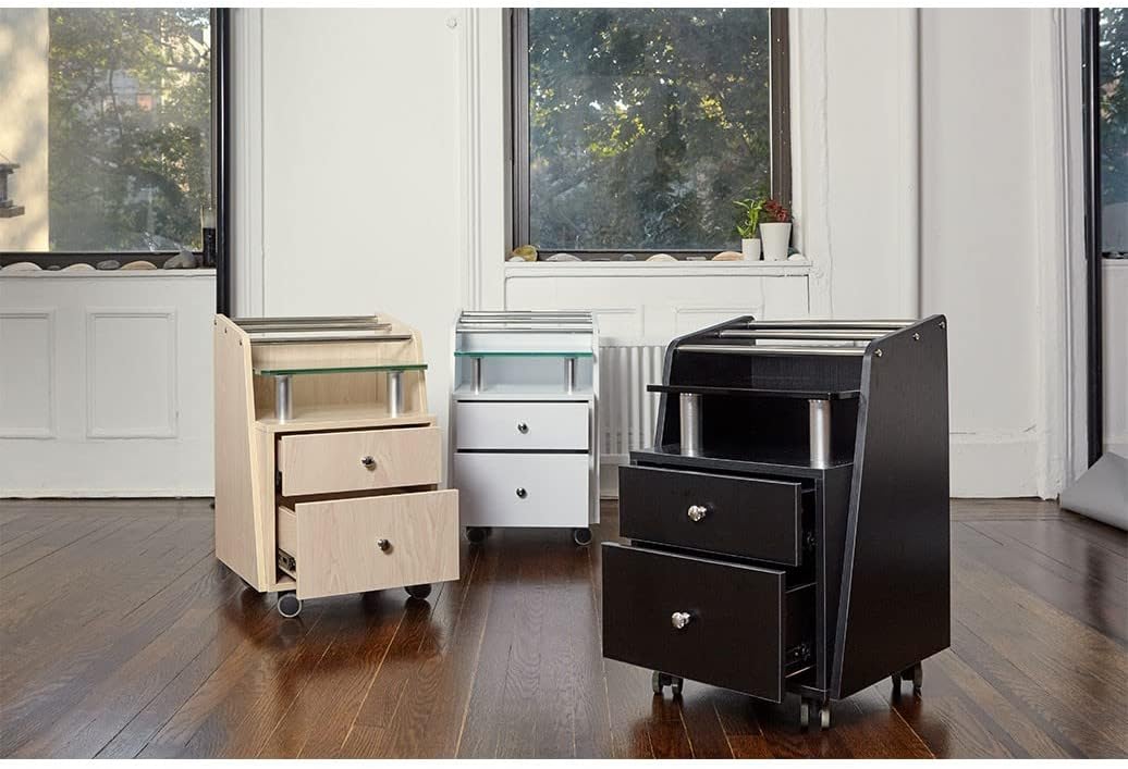 J & A Glass Top Pedi Cart and Trolley for Salons & Spas, Tempered Glass Shelf, 2 Spacious Drawers, Heavy Duty Swivel Casters with Lock for use with Any Pedicure Chair, JA-DP-CART-WHT, White