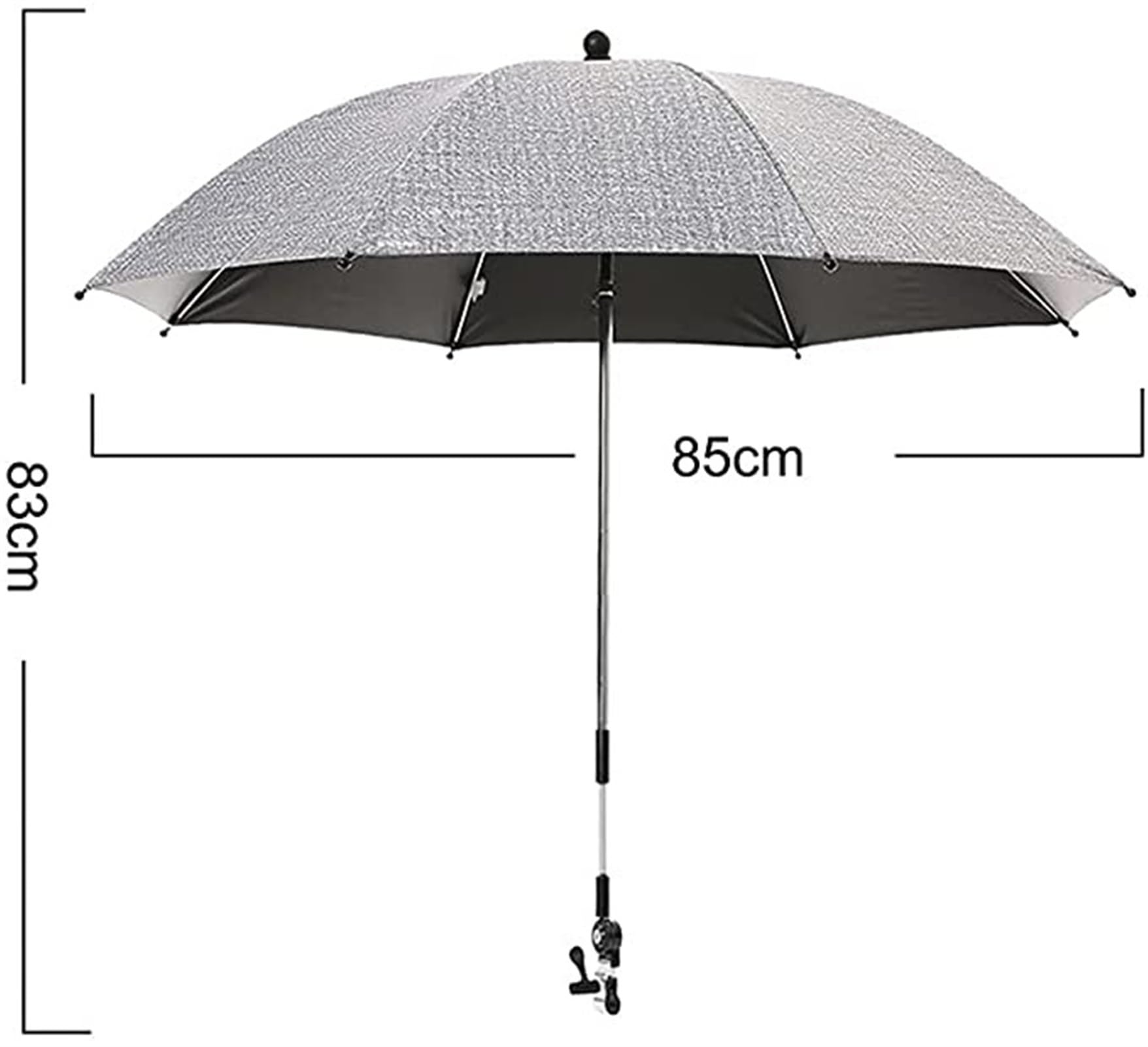 Parasol universel anti-UV, pour landau, diamètre 75/85 cm, fixation pour tube rond ou ovale, flexible et réglable, avec clip pour poussette fauteuil roulant, gris, 75 cm