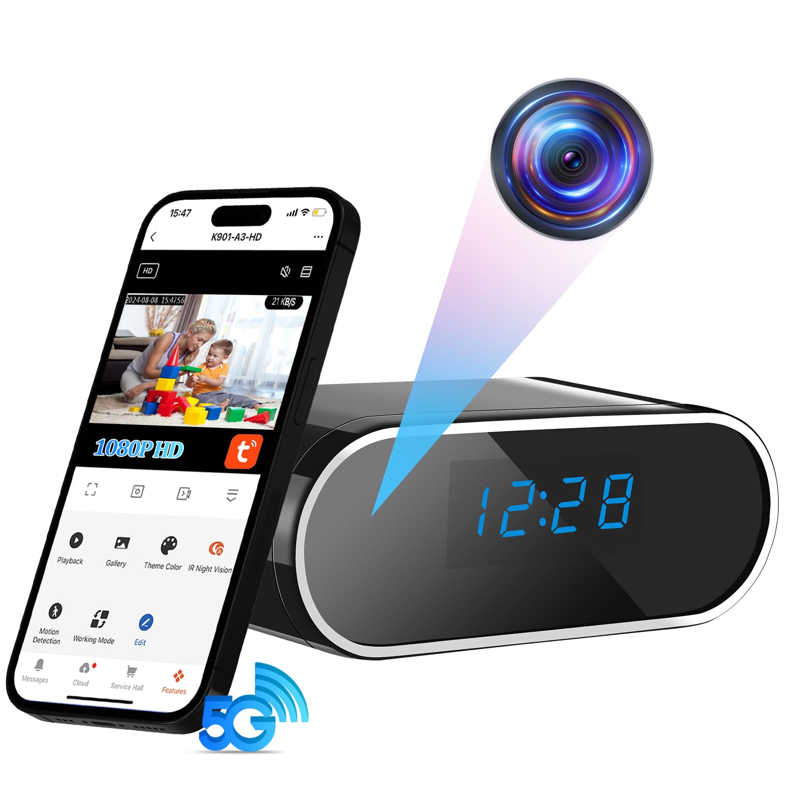 Cámara Espía Oculta WiFi 5G/2,4G, Camaras Espias Camuflada Inalambricas Despertador, 1080P HD Reloj con Camara Oculta, 120° Angular con Visión Nocturna Detección de Movimiento Vigilancia Interior