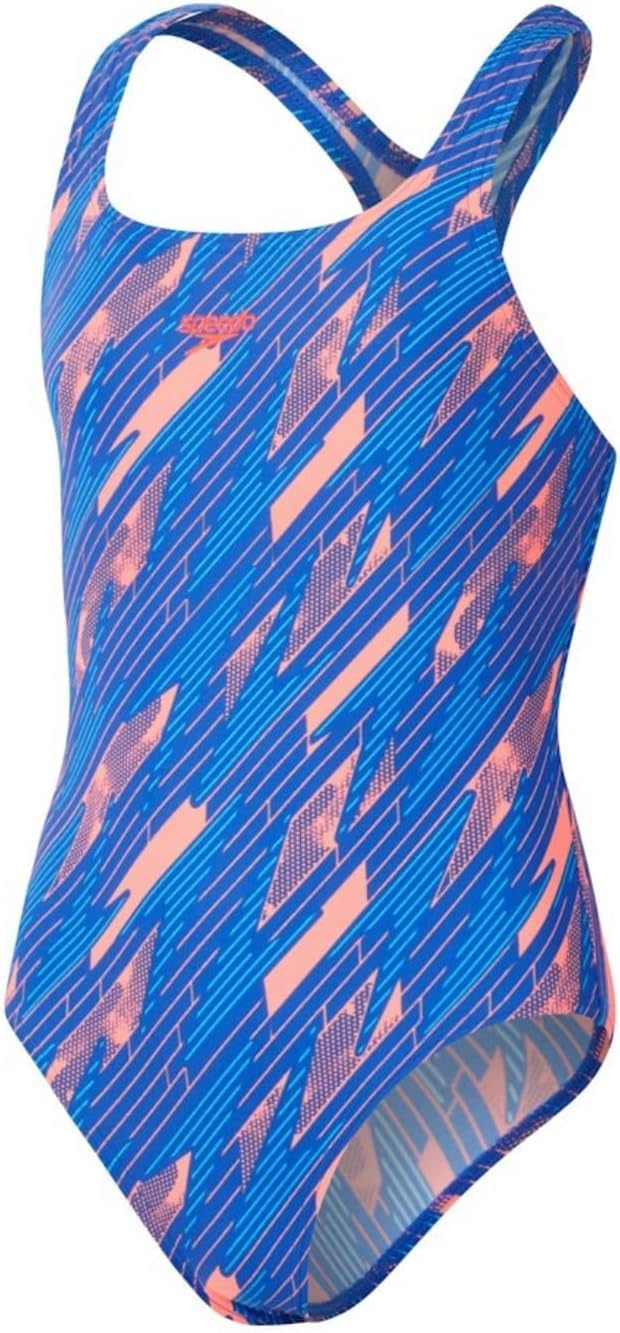 Speedo Hyperboom Allover Medalist Badeanzug Chlorbeständig Schnelltrocknend für Mädchen, Sirenenrot/Echtes Kobaltblau/Picton-Blau, 7-8 Jahre