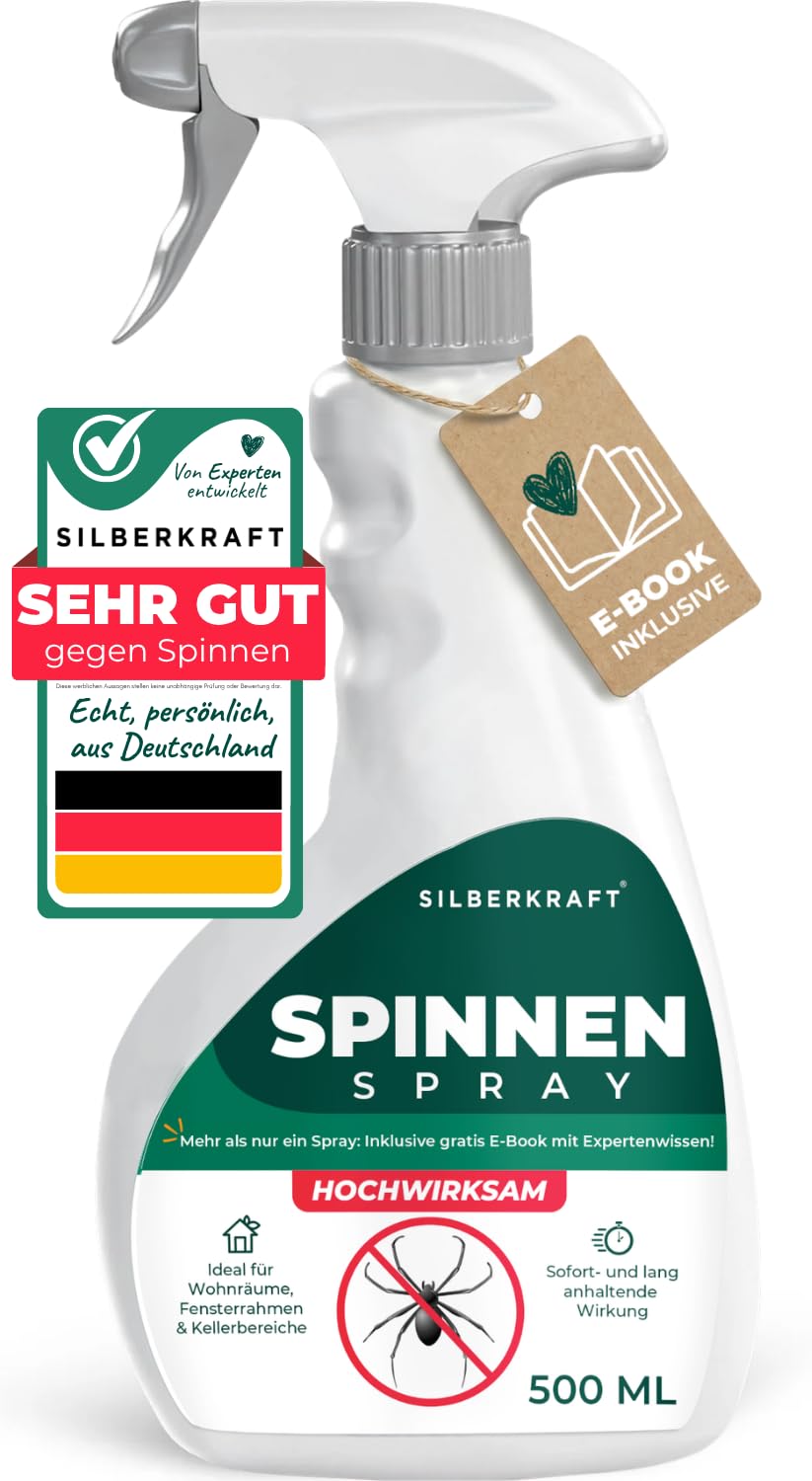 Silberkraft Spinnenspray 500 ml - Hochwirksames Spinnenabwehr-Mittel mit Sofortwirkung gegen Spinnen - Anti-Spinnenspray für Innen & Außen - Spinnen dauerhaft vertreiben - laborgeprüft