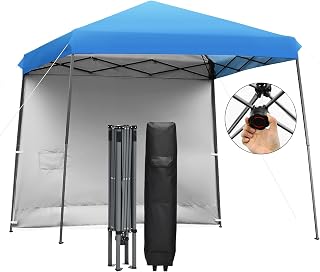 Tangkula 10x10 ft Pop up Canopy Tent, One Person Set-up Instant Shelter with Central Lock, Compact Portable Canopy with Roll-up Side Wall, Roller Bag, Stakes & Wind Ropes (Blue)