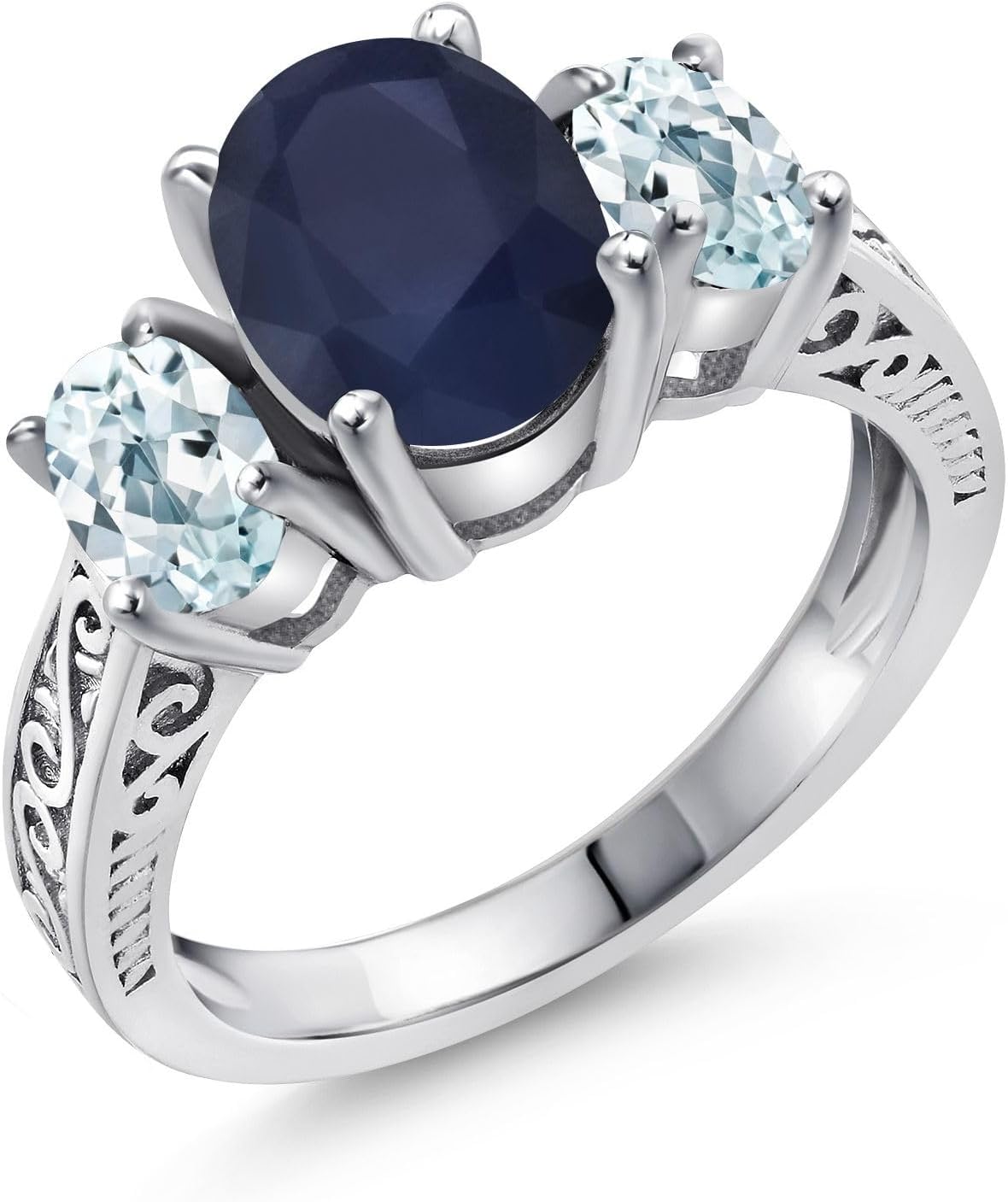 Gem Stone King 3.20 Cttw Blue Sapphire and Sky Blue Aquamarine 3 Stone Ring For Women | 925 Sterling Silver | Gemstone Birthstone