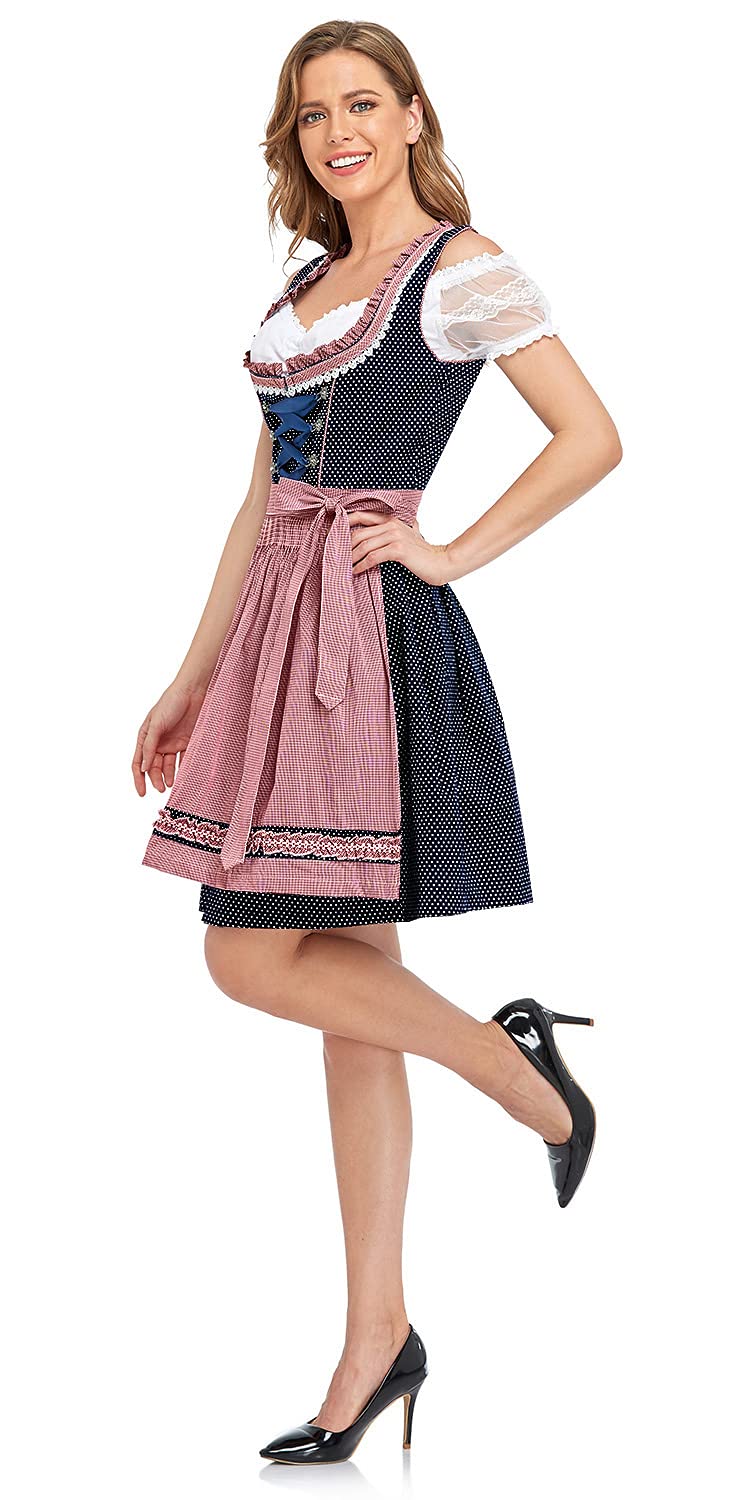 Dirndl Damen Midi Trachtenkleid Dirndlkleid Trachtenrock Kleid 3 Teilig | Dirndl Damen Trachten Dirndelkleid Oktoberfest Outfit Dresses Komplettset mit 3 Dirndl Bluse Dirndlkleider Schürze