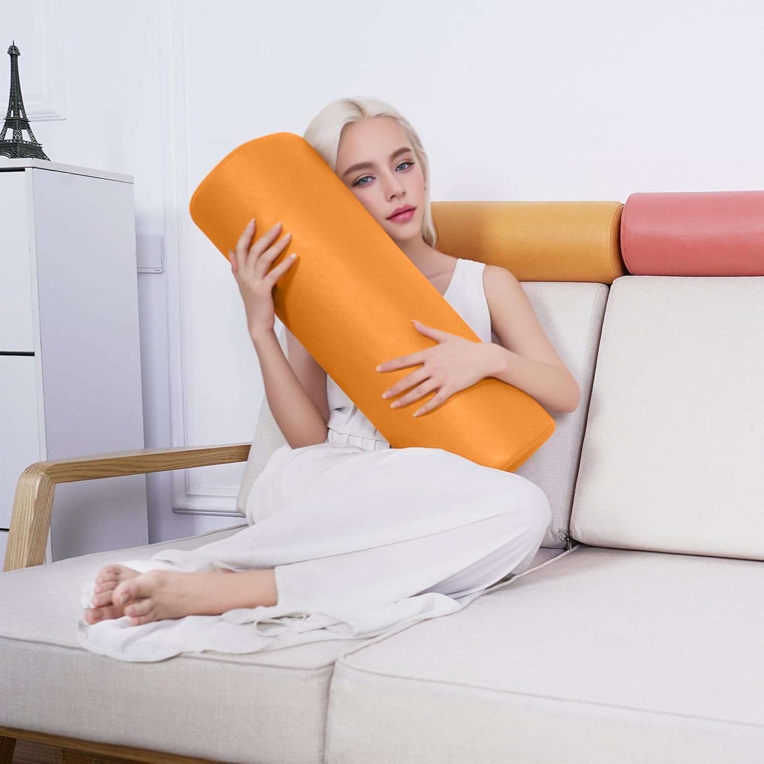 2 Pack Neck Roll Pillow, High-Density Foam Cylinder Bolster Pillow for Neck, Back & Lumbar Support, Ergonomic Round Pillow for Side Sleepers, Sleeping, Removable Washable Cover (7.9''x23.6'' Orange)