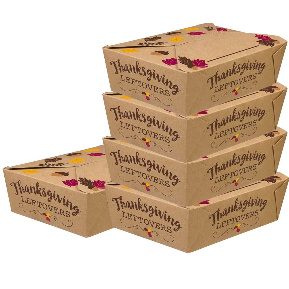 Scatole pieghevoli in carta kraft per il Ringraziamento, 6,3 x 21 x 15,2 cm (confezione da 5), perfette per pasti festivi, regali alimentari e avanzi