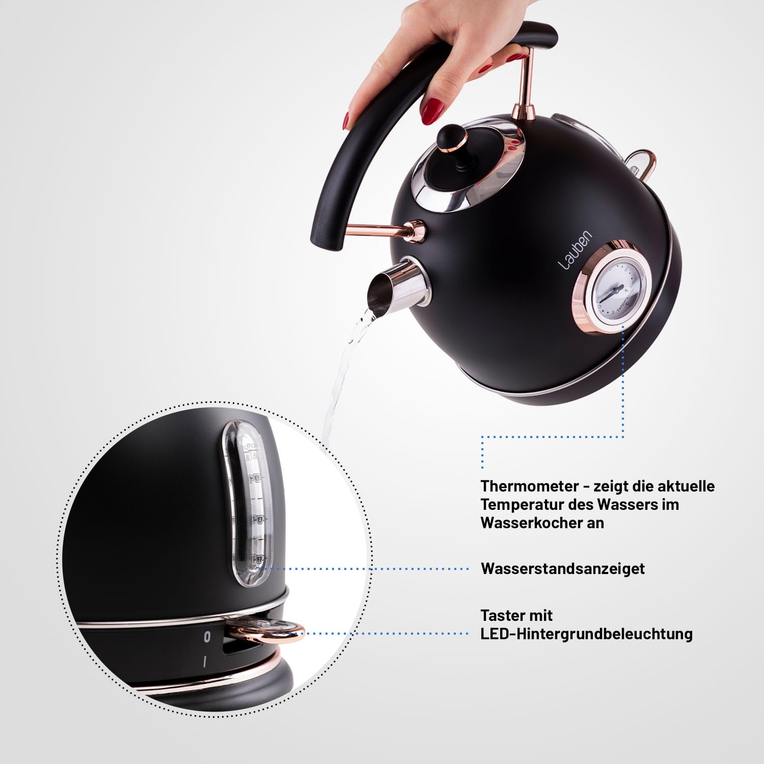 Lauben Electric Kettle 17BC czajnik elektryczny o pojemności 1,8 l, moc 2200 W, wskaźnik temperatury wody, materiał stal nierdzewna, ochrona przed pracą na sucho, zabezpieczenie przed przegrzaniem,