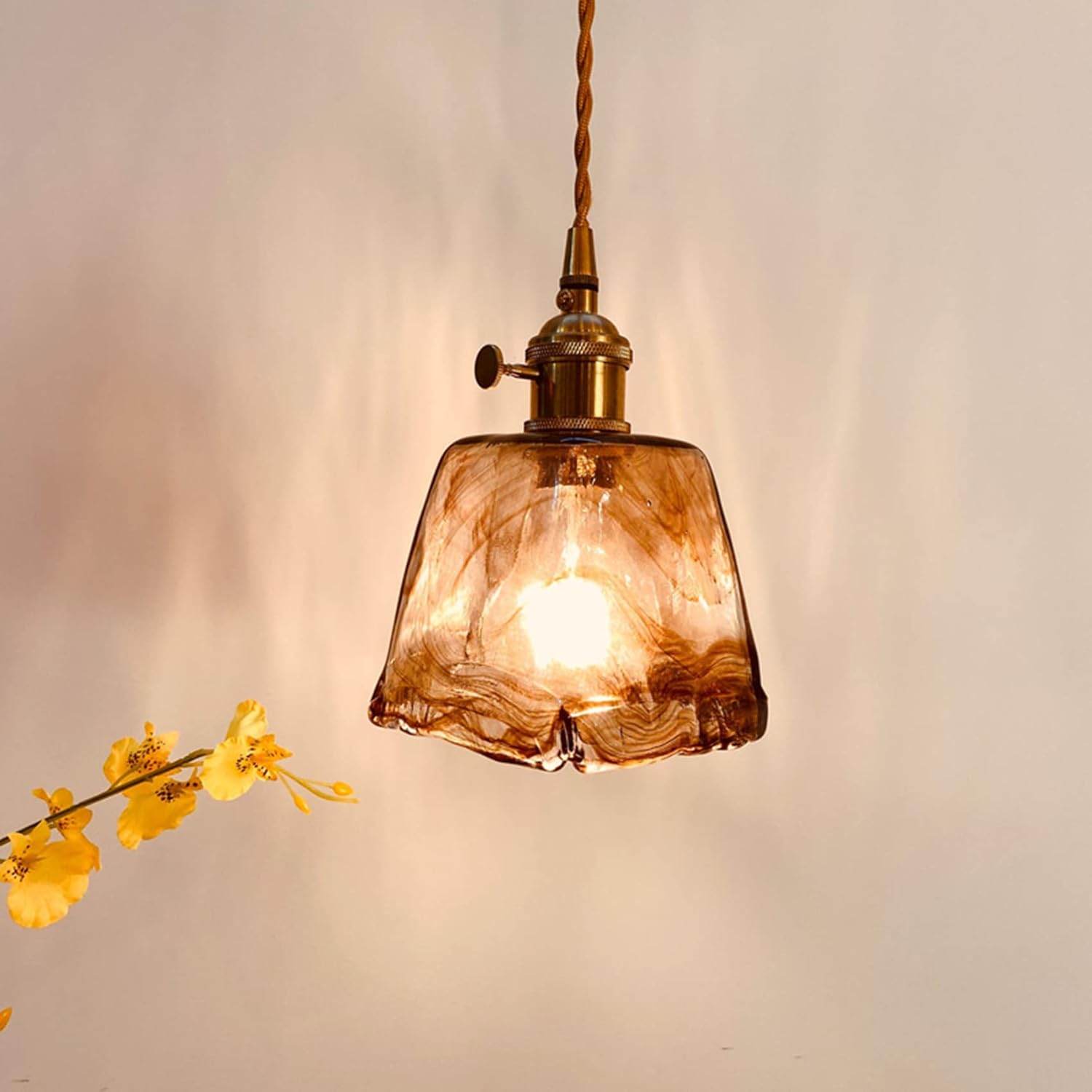 Vintage Amber Glass Pendant Light with Brass Gold Socket E26 Holder and Switch,Adjustable Cord Caramel Coffee Hanging Ceiling Lamp for Kitchen Island Dining Room Bedroom (A)