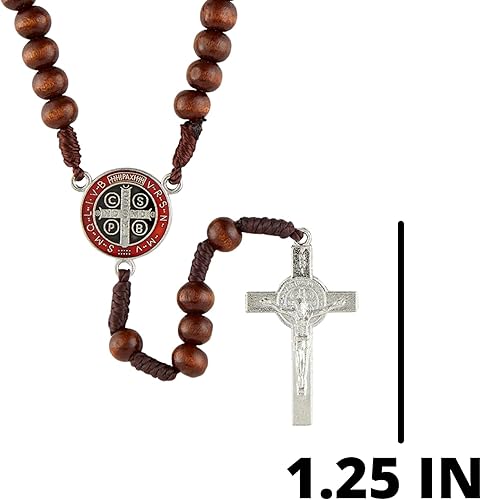Rosario de San Benito, cuentas de oración de madera con crucifijo y centro de mesa, rosarios hechos a mano, idea de regalo católico, 12 pulgadas