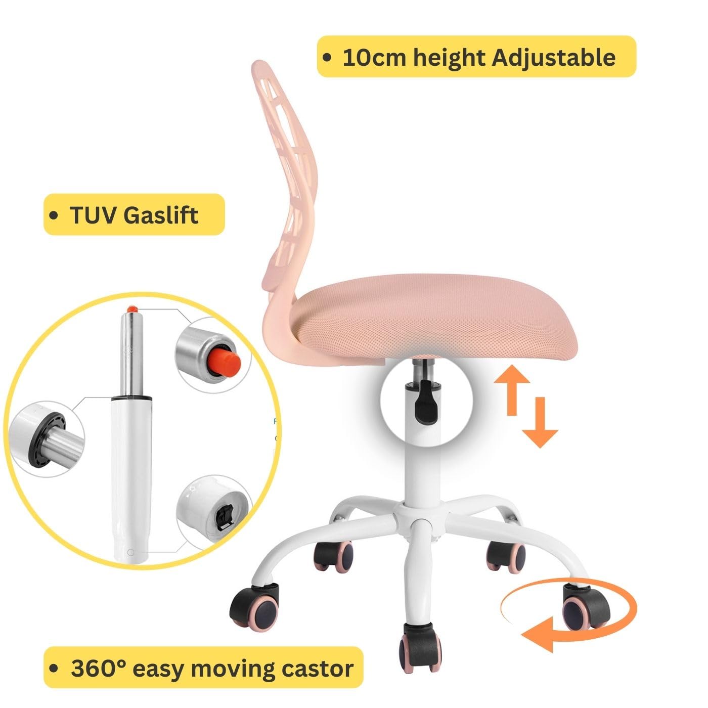 FurnitureR Silla de Oficina para el hogar, Asiento de Ordenador Moderno y Ajustable, Silla de Oficina sin apoyabrazos Giratorio, Silla de Oficina para jóvenes, Sala de Estudio, Rosa