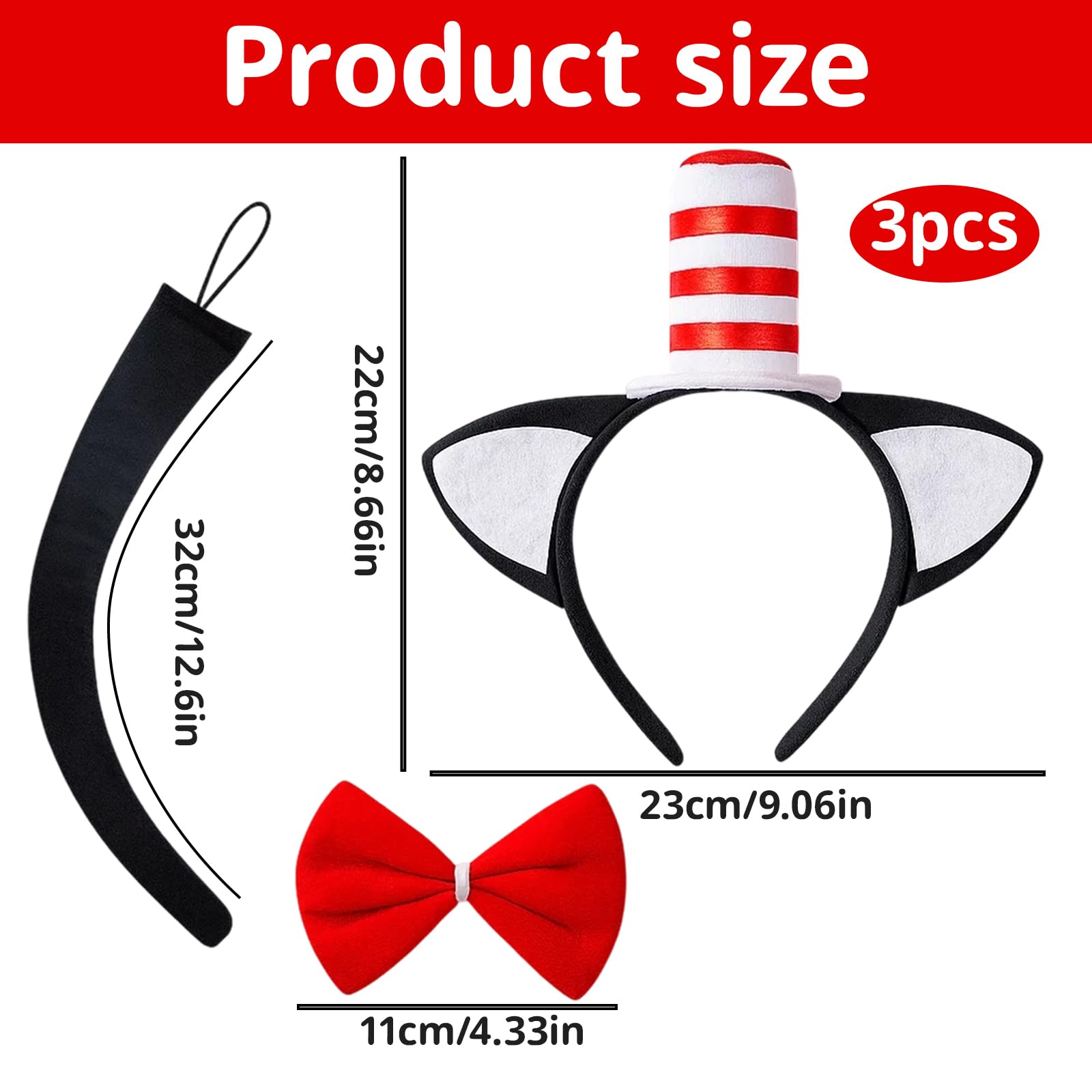 YTLSDHF 3-Piece Cat Costume Accessory Set, Cat In The Hats Costumes, Cat Ears Headband With Red Bow, Cat Ears And Tail - Image 2