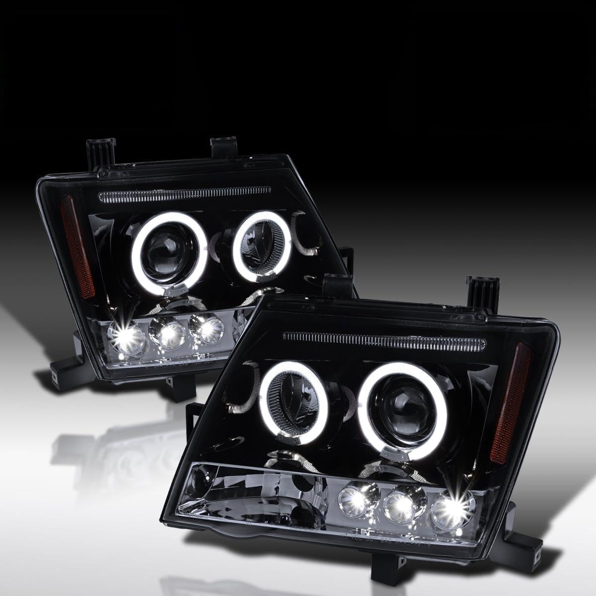 Autozensation Compatible with 2005-2012 Nissan Xterra, Left + Right Pair Headlamps Assembly, Black Smoke Halo Projector Headlights