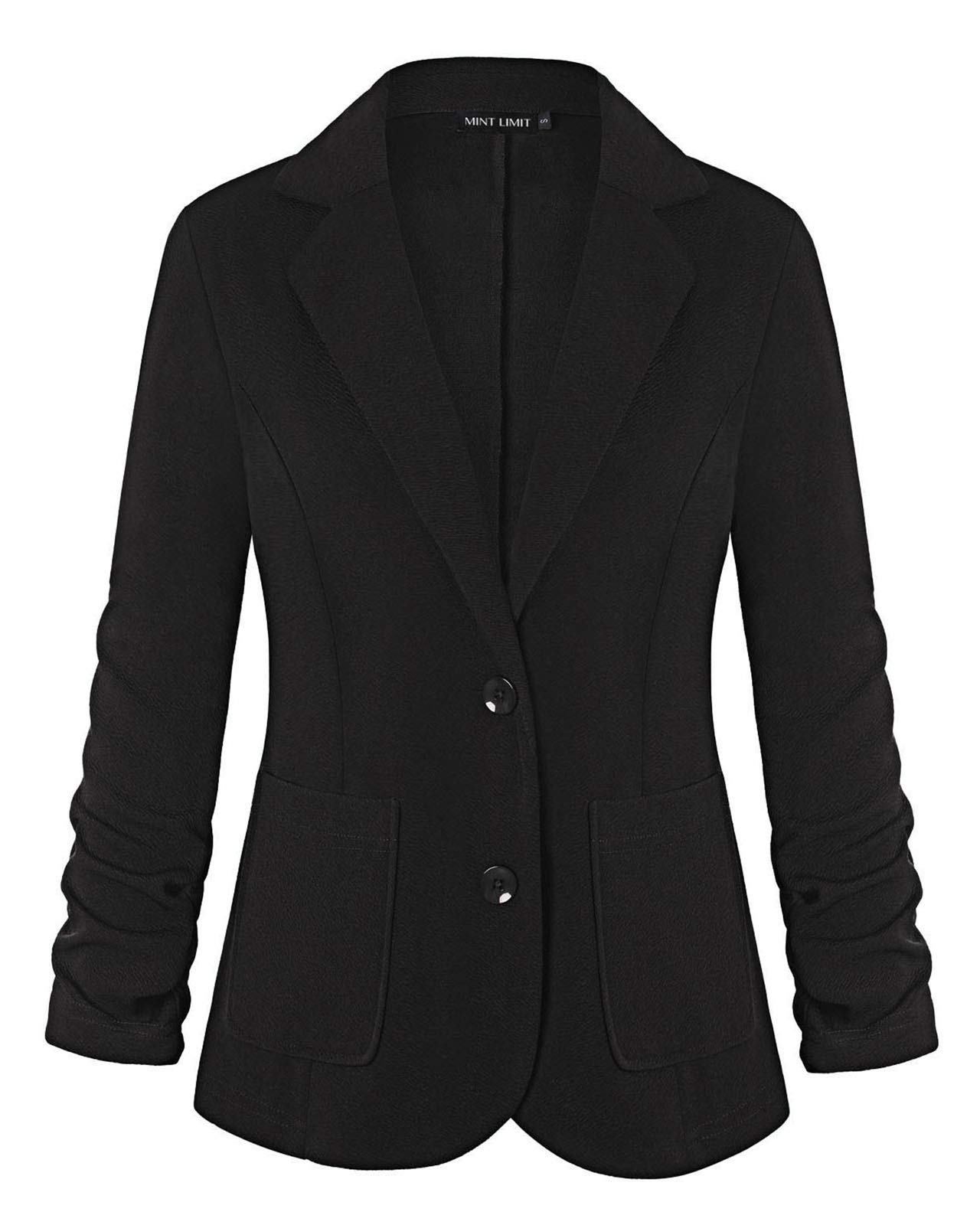unifizz Womens Casual Work Office Blazer Pockets Buttons Suit Jacket 3/4 Sleeve, Black, Medium-picture-49