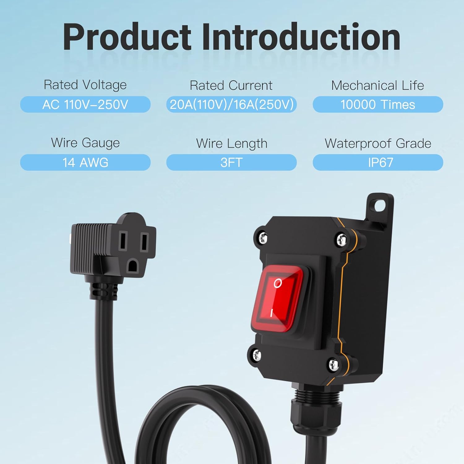 Inline Power Switch with 3-ft 14AWG Cable Piggyback Plug(3-Pronged),Red LED Rocker Button,IP67 Waterproof Extension Cord with On/Off Switch, AC/DC 20A-125V / 16A-250V（3FT/14AWG）